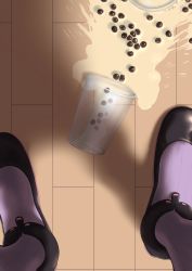 Rule 34 | 1girl, bubble tea, bubble tea challenge, commentary, cup, disposable cup, failure, feet, from above, highres, mashima jirou, out of frame, purple footwear, shadow, shoes, solo, spill, standing, vocaloid, voiceroid, wooden floor, yuzuki yukari