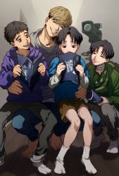 Rule 34 | 4boys, alternate universe, backstage, black hair, blue shirt, book, brown hair, camera, child, copyright name, green jacket, grey hoodie, grey pants, grin, happy, highres, holding, holding book, hood, hoodie, jacket, killing stalking, male focus, multiple boys, oba-min, oh sangwoo, open book, open mouth, pants, purple hoodie, script, shirt, sitting, sitting on lap, sitting on person, smile, squatting, time paradox, undershirt, yoon bum