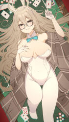 Rule 34 | 1girl, akane (blue archive), akane (bunny) (blue archive), blue archive, breasts, card, glasses, halo, highres, large breasts, leotard, light brown hair, long hair, looking at viewer, lying, pantyhose, playboy bunny, playing card, rabbit ears, solo, table, tyobis., white leotard, white pantyhose
