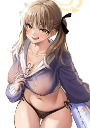 Rule 34 | 1girl, absurdres, beach, between breasts, bikini, black bikini, blue archive, blue sweater, blush, breasts, brown hair, cleavage, clothes lift, cloud, covered erect nipples, grin, halo, highres, holding, holding swim ring, innertube, jacket, long sleeves, looking at viewer, medium breasts, moe (blue archive), moe (swimsuit) (blue archive), navel, nipples, official alternate costume, round eyewear, see-through, simple background, sky, smile, solo, standing, stomach, stone (ksorede), sweater, sweater lift, swim ring, swimsuit, white background, yellow eyes