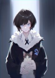 Rule 34 | 1girl, animal, black hair, black jacket, blouse, blue eyes, cat, closed mouth, collar, collared shirt, commentary request, fur, fur-trimmed hood, fur trim, holding, holding animal, holding cat, hood, iris yi, jacket, lips, long sleeves, looking at viewer, original, shirt, short hair, simple background, solo, standing, upper body, white shirt