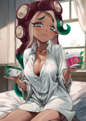 Rule 34 | 1girl, asymmetrical hair, bed, blush, bottomless, breasts, brown hair, buttons, cephalopod eyes, cleavage, collarbone, colored skin, cup, curtains, dark-skinned female, dark skin, day, furrowed brow, green eyes, green hair, green skin, hands up, head tilt, highres, holding, holding cup, indoors, jajanome, lips, long eyelashes, long hair, looking at viewer, marina (splatoon), medium breasts, mole, mole under mouth, multicolored skin, naked shirt, nintendo, octoling, on bed, partially unbuttoned, pink pupils, shirt, sitting, smile, solo, splatoon (series), splatoon 2, suction cups, tentacle hair, very long hair, wallpaper, white shirt, window