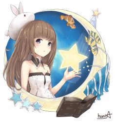 Rule 34 | 1girl, animal, animal on head, artist name, bad id, bad pixiv id, bare shoulders, blunt bangs, blush, book, breasts, brown hair, character request, clownfish, commentary request, deemo, detached collar, dress, fish, glowing, hand up, hani (v2ictory), highres, long hair, looking at viewer, moon print, on head, parted lips, purple eyes, rabbit, rabbit on head, signature, sleeveless, small breasts, solo, star (symbol), star print, tagme, upper body, white dress