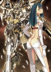 Rule 34 | 1girl, ass, ass cutout, back, bad id, bad pixiv id, blue hair, butt crack, clothing cutout, garimpeiro, glowing, glowing eyes, hair ornament, hairclip, hand on own hip, hand on own thigh, highres, holding, holding sword, holding weapon, long hair, looking back, mecha, original, pilot suit, revealing clothes, robot, sword, weapon, yellow eyes