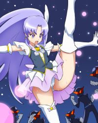 Rule 34 | 10s, 1girl, arm up, arm warmers, artist request, ass, boots, cure fortune, dress, happinesscharge precure!, hikawa iona, kicking, kurotsuki usagi, long hair, magical girl, necktie, open mouth, ponytail, precure, purple dress, purple eyes, purple hair, skirt, solo, star (symbol), sweat, thigh boots, thighhighs, underwear