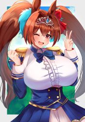 Rule 34 | 1girl, ;d, animal ears, bad id, bad pixiv id, breasts, commentary request, daiwa scarlet (umamusume), fang, hands up, highres, horse ears, horse girl, huge breasts, large breasts, long hair, looking at viewer, makuwori, one eye closed, open mouth, red eyes, red hair, smile, solo, tiara, twintails, umamusume, v