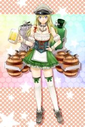 Rule 34 | 10s, 1girl, alcohol, anchor, bad id, bad pixiv id, barrel, beer, beer mug, bismarck (kancolle), blonde hair, blue eyes, breasts, cleavage, cup, dirndl, full body, german clothes, hand on own hip, hat, highres, hito noma, kantai collection, large breasts, long hair, looking at viewer, military hat, mug, personification, pleated skirt, skirt, solo, thighhighs, white thighhighs, wrist cuffs, zettai ryouiki