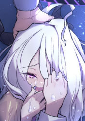 Rule 34 | 1girl, alternate costume, blue archive, blush, comforting, commentary request, crying, crying with eyes open, hair over one eye, half-closed eyes, headpat, highres, hina (blue archive), horns, long hair, looking at viewer, missile (55missile), night, open mouth, silver hair, solo focus, spoilers, tears