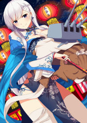 Rule 34 | 1girl, alternate costume, azur lane, belfast (azur lane), belfast (iridescent rosa) (azur lane), blue eyes, blush, boar, braid, breasts, cannon, chain, china dress, chinese clothes, collar, dress, earrings, holding, holding own hair, jewelry, lantern, lantern festival, large breasts, long hair, looking at viewer, mush (mushlicious), night, outdoors, panties, paper lantern, parted lips, rigging, side-tie panties, sidelocks, silver hair, sky, sky lantern, smile, solo, star (sky), starry sky, thighhighs, underwear, white thighhighs
