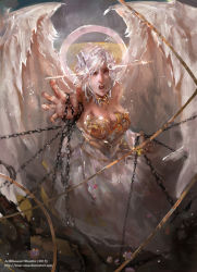 Rule 34 | angel, angel wings, bound, bound wrists, chain, chained, dress, embroidery, hair ornament, halo, jewelry, maerel hibadita, necklace, open mouth, reaching, reaching towards viewer, solo, tied up, white dress, white hair, wings