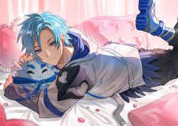 Rule 34 | 1boy, absurdres, altventurer (regis altare), black pants, blue eyes, blue hair, closed mouth, frilled pillow, frills, heart, heart-shaped pillow, highres, holostars, holostars english, hood, hoodie, layered sleeves, leg up, light blue hair, long sleeves, looking at viewer, lying, male focus, on bed, on stomach, pants, petting, pillow, pink pillow, regis altare, shiyan (flames ten), short hair, slime (creature), smile, the pose, twitter username, virtual youtuber, white hoodie