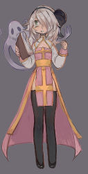 Rule 34 | 1girl, arch bishop (ragnarok online), bags under eyes, black footwear, black hairband, black thighhighs, book, breasts, buubuu (loli69), cleavage cutout, clothing cutout, commentary request, cross, dress, full body, ghost, green eyes, grey background, grey hair, hair over one eye, hairband, high heels, holding, holding book, long hair, long sleeves, looking afar, open mouth, parody, pelvic curtain, ragnarok online, sash, simple background, small breasts, solo, standing, style parody, thighhighs, two-tone dress, umezawa michiko (style), yellow sash