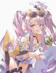 Rule 34 | 1girl, absurdres, ahoge, bare shoulders, blush, collarbone, eyewear on head, female focus, highres, holding, innertube, kyoka (princess connect!), long hair, looking at viewer, navel, open mouth, pointy ears, pola (1021), princess connect!, purple eyes, purple hair, simple background, solo, star (symbol), sunglasses, swim ring, swimsuit, thighs, twintails, very long hair, white background, yellow eyes