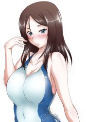 Rule 34 | 1girl, black hair, blue one-piece swimsuit, breasts, cleavage, closed mouth, commentary, competition swimsuit, covered navel, frown, girls und panzer, half-closed eyes, hand in own hair, large breasts, long hair, looking at viewer, nonna (girls und panzer), one-piece swimsuit, simple background, solo, standing, swept bangs, swimsuit, twitter username, upper body, white background, yts takana