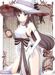 Rule 34 | 10s, 1girl, animal, bare shoulders, binary, blue eyes, blush, bow, breasts, brown background, brown bow, brown hair, closed mouth, commentary request, dress, elbow gloves, fur collar, fur trim, gloves, hair bow, hat, hat bow, hedgehog, highres, kirara fantasia, kneeling, large breasts, long hair, looking at viewer, low-tied long hair, new game!, pelvic curtain, ryoutan, sidelocks, sleeveless, sleeveless dress, solo, soujirou (new game!), striped, striped bow, takimoto hifumi, very long hair, wavy mouth, white dress, white gloves, white hat, witch hat