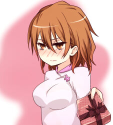 Rule 34 | 1girl, blush, bow, box, breasts, brown eyes, brown hair, closed mouth, commentary request, dress, gift, gift box, hair between eyes, holding, holding gift, i.u.y, incoming gift, looking at viewer, medium breasts, medium hair, misaka worst, nose blush, pink background, ribbon, solo, sweatdrop, toaru majutsu no index, toaru majutsu no index: new testament, upper body, valentine, vietnamese dress, white dress