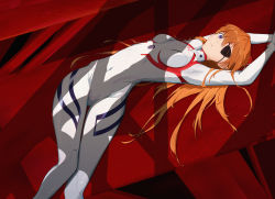 Rule 34 | 1girl, absurdres, arms behind head, blue eyes, bodysuit, breasts, covered navel, evangelion: 3.0+1.0 thrice upon a time, expressionless, eyepatch, hermityy, highres, long hair, looking at viewer, lying, medium breasts, neon genesis evangelion, orange hair, plugsuit, rebuild of evangelion, shadow, shiny clothes, shiny skin, skin tight, solo, souryuu asuka langley, two side up, very long hair, water, white bodysuit