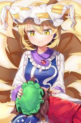 Rule 34 | 2girls, animal ears, animal hat, blonde hair, brown hair, cat ears, chen, commentary request, dated, dress, fingernails, fox tail, from behind, green hair, gunjou row, hair between eyes, hand on another&#039;s head, hand on another&#039;s shoulder, hat, highres, lap pillow, light blush, long sleeves, looking down, lying, mob cap, multiple girls, multiple tails, nail polish, on side, mob cap, red nails, red skirt, red vest, shirt, short hair, signature, skirt, slit pupils, smile, tabard, tail, tassel, touhou, twitter username, vest, white dress, white shirt, yakumo ran, yellow eyes