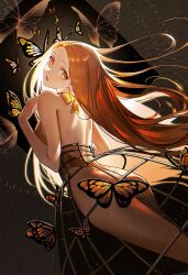 Rule 34 | 1girl, back, bare shoulders, bug, butterfly, forehead, highres, in cage, insect, leotard, looking at viewer, looking back, neck ribbon, on (onon2659), orange eyes, orange hair, orange leotard, original, ribbon