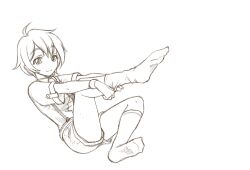 1girl ahoge banghwadongjopidi bri_(master_of_eternity) clip_studio_paint_(medium) closed_mouth commentary dot_nose dressing korean_commentary lineart looking_at_viewer lying master_of_eternity monochrome necktie on_back shirt short_hair shorts sketch smile socks solo suspenders unfinished wristband