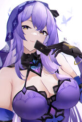 Rule 34 | 1girl, baige0, bare shoulders, black gloves, black swan (honkai: star rail), bracelet, breasts, card, cleavage, commentary request, dress, gloves, highres, holding, holding card, honkai: star rail, honkai (series), jewelry, large breasts, long hair, looking at viewer, partial commentary, purple dress, purple hair, sleeveless, sleeveless dress, smile, solo, upper body, veil, yellow eyes