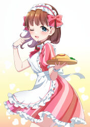 Rule 34 | 1girl, apron, blue eyes, blush, bow, bowtie, breasts, brown hair, dot nose, dress, fingers to mouth, food, frilled apron, frilled dress, frilled ribbon, frills, from side, gradient background, hair bow, hair ribbon, hands up, headband, heart, heart background, highres, holding, holding tray, idolmaster, idolmaster cinderella girls, idolmaster cinderella girls starlight stage, index finger raised, looking at viewer, medium breasts, nail polish, omelet, omurice, one eye closed, open mouth, pink dress, pink nails, pink ribbon, puffy short sleeves, puffy sleeves, red bow, red bowtie, ribbon, sakuma mayu, scrunchie, short hair, short sleeves, smile, solo, standing, striped clothes, striped dress, tottoto tomekichi, tray, waist apron, waist bow, white apron, white bow, white headband, wrist scrunchie, yellow background