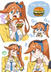 Rule 34 | 1girl, ace attorney, athena cykes, blue eyes, blue hairband, blue necktie, blue ribbon, burger, chibi, collared shirt, crescent, crescent earrings, crumbs, earrings, eating, food, french fries, gumi (gelatin), hair between eyes, hairband, highres, holding, holding burger, holding food, holding tissue, jacket, jewelry, long hair, long sleeves, multiple views, necklace, necktie, open clothes, open jacket, open mouth, orange hair, phoenix wright: ace attorney - dual destinies, ribbon, shirt, side ponytail, single earring, teeth, white background, white shirt, yellow jacket