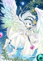 Rule 34 | 1girl, angel, angel wings, blue eyes, buttons, cat, dress, eggshell, fantasy, feathered wings, feathers, floating hair, flower, frilled hairband, frilled sleeves, frills, hairband, highres, holding, long hair, long sleeves, looking at viewer, miniature, mokona1107, necktie, open mouth, orb, original, pantyhose, plant, shoes, water, white dress, white footwear, white hair, white pantyhose, white wings, wide sleeves, wings, yellow necktie