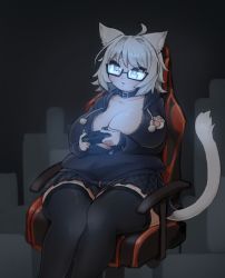 Rule 34 | 1girl, absurdres, ahoge, animal ear fluff, animal ears, black-framed eyewear, black skirt, breasts, character request, cleavage, collar, collarbone, commentary request, controller, copyright request, dot nose, facial mark, feet out of frame, final fantasy, final fantasy xiv, game controller, glasses, highres, holding, hood, hooded jacket, huge breasts, ichika (ichika manga), jacket, large breasts, looking away, medium hair, parted lips, pleated skirt, plump, semi-rimless eyewear, sitting, skirt, solo, tail, thick thighs, thighhighs, thighs, tsurime, under-rim eyewear, warrior of light (ff14), zettai ryouiki, zipper