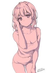 Rule 34 | 1girl, bare shoulders, blush, breasts, camisole, cleavage, closed mouth, collarbone, dated, hand in own hair, hand up, highres, looking at viewer, medium hair, midriff, monochrome, navel, original, panties, signature, simple background, small breasts, solo, spaghetti strap, unasaka ryou, underwear, underwear only, white background