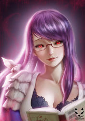 Rule 34 | 1girl, artist logo, artist name, black background, black sclera, book, breasts, cleavage, colored sclera, dress, glasses, highres, kamishiro rize, lips, long hair, looking at viewer, parted lips, pinafore dress, purple hair, red-framed eyewear, red eyes, semi-rimless eyewear, shadow cat (yingmiao), sleeveless, sleeveless dress, smile, solo, tokyo ghoul, under-rim eyewear, upper body
