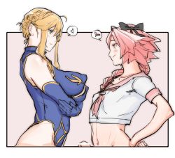 Rule 34 | 1boy, 1girl, amanda kenny, anger vein, arms under breasts, artoria pendragon (fate), artoria pendragon (lancer) (fate), astolfo (fate), astolfo (sailor paladin) (fate), bar censor, bare shoulders, blonde hair, blue gloves, blue leotard, blush, bow, braid, braided ponytail, breasts, censored, cleavage, cleavage cutout, clothing cutout, covered erect nipples, crop top, crossed arms, elbow gloves, erection, fate/apocrypha, fate/grand order, fate (series), french braid, gloves, green eyes, hair between eyes, hair bow, hair intakes, hands on own hips, heart, heattech leotard, highleg, highleg leotard, highres, large breasts, leotard, long hair, looking at another, multicolored hair, neckerchief, official alternate costume, penis, penis peek, pink hair, pink neckerchief, pink sailor collar, purple eyes, sailor collar, school uniform, serafuku, shirt, short sleeves, sidelocks, spoken anger vein, spoken heart, streaked hair, trap, turtleneck, white hair, white shirt