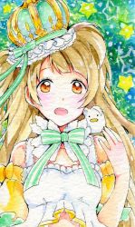Rule 34 | 1girl, :o, animal, animal on shoulder, blush, brown eyes, brown hair, colorful, crown, detached collar, dress, long hair, looking at viewer, love live!, parted lips, peachpii, red ribbon, ribbon, solo, star (symbol), traditional media, upper body, white dress
