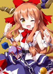 Rule 34 | 1girl, bow, bowtie, cuffs, fang, hair ribbon, highres, horn ornament, horn ribbon, horns, ibuki suika, long hair, looking at viewer, metal belt, one eye closed, oni horns, open mouth, orange hair, purple bow, purple bowtie, purple ribbon, red bow, red bowtie, red ribbon, ribbon, ribbon-trimmed skirt, ribbon trim, ruu (tksymkw), shackles, shirt, simple background, smile, solo, standing, torn clothes, torn sleeves, touhou, very long hair, white shirt, wrist cuffs, yellow background, yellow eyes