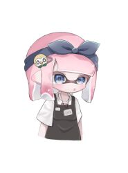 Rule 34 | 1girl, apron, black apron, blue bow, blue eyes, blue hairband, bow, bow hairband, commentary request, creatures (company), cropped arms, cropped torso, game freak, gen 7 pokemon, hair bow, hair ornament, hairband, hairclip, highres, inkling, inkling girl, inkling player character, lanyard, medium hair, nintendo, open mouth, pink hair, pointy ears, pokemon, print shirt, rowlet, sh f0y, shirt, simple background, solo, splatoon (series), tentacle hair, upper body, white background, white shirt