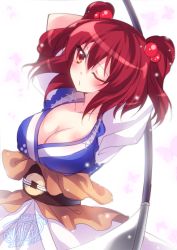 Rule 34 | 1girl, 2015, arms up, bad id, bad pixiv id, blush, breasts, bug, butterfly, cleavage, coin, collarbone, dated, hair bobbles, hair ornament, bug, japanese clothes, kimono, large breasts, looking at viewer, mikazuki sara, obi, one eye closed, onozuka komachi, pout, puffy short sleeves, puffy sleeves, red eyes, red hair, sash, scythe, short sleeves, signature, solo, touhou, two side up
