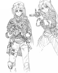 Rule 34 | 1girl, aiming, assault rifle, braid, bullpup, didloaded, elbow pads, female focus, gloves, greyscale, gun, handgun, hat, holster, hong meiling, knee pads, long hair, military operator, monochrome, rifle, solo, suppressor, thigh holster, touhou, twin braids, vest, weapon