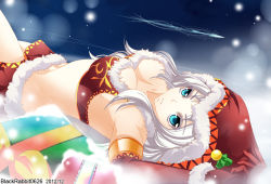 Rule 34 | 1girl, ashe (league of legends), blue eyes, breasts, cleavage, elbow gloves, gloves, hat, league of legends, long hair, looking at viewer, lying, medium breasts, on back, red gloves, rokugatsu no usagi, santa hat, sideboob, silver hair, sivler hair, snow, solo