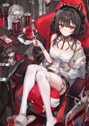 Rule 34 | 1girl, :&lt;, absurdres, animal ear headphones, animal ears, bandaged arm, bandages, black hair, black shorts, blood, blood bag, book, bridal garter, camisole, can, candy, cat ear headphones, cellphone, chair, character doll, chest harness, choker, closed mouth, commentary, controller, cup, drawing tablet, electric fan, fake animal ears, food, full body, game controller, gaming chair, hair intakes, harness, headphones, headset, heart, highres, holding, holding candy, holding food, holding lollipop, holding stuffed toy, intravenous drip, iv stand, keyboard (computer), lollipop, long hair, looking at viewer, monster energy, mouse (computer), nintendo switch, original, phone, red eyes, red nails, shoe dangle, shorts, sitting, slippers, smartphone, solo, stuffed animal, stuffed cat, stuffed toy, swivel chair, thighhighs, white camisole, white thighhighs, ye jji