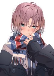 Rule 34 | 1girl, absurdres, ahoge, aqua eyes, asakura toru, black jacket, blue hair, blush, earrings, highres, holding, holding clothes, holding scarf, idolmaster, idolmaster shiny colors, jacket, jacket partially removed, jewelry, light smile, looking away, multicolored hair, plaid, plaid scarf, puni (punycolors), purple hair, scarf, school uniform, simple background, solo, white background