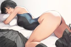 Rule 34 | 1girl, amagami, ass, bed, black eyes, black hair, black socks, black one-piece swimsuit, bob cut, unworn clothes, commentary request, competition swimsuit, feet out of frame, grey skirt, kibito high school uniform, kneehighs, looking at viewer, lying, nanasaki ai, hugging object, on stomach, one-piece swimsuit, pillow, pillow hug, pleated skirt, school uniform, serizawa (serizawaroom), short hair, skirt, skirt around one leg, smile, socks, solo, swimsuit