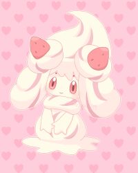 Rule 34 | absurdres, alcremie, alcremie (strawberry sweet), blush, closed mouth, commentary request, creatures (company), food, fruit, full body, game freak, gen 8 pokemon, heart, heart background, highres, meru (mer milky77), nintendo, no humans, pink background, pokemon, pokemon (creature), smile, solo, strawberry, watermark
