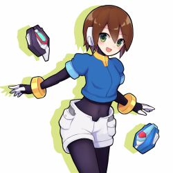 Rule 34 | 1girl, aile (mega man zx), blush, bracelet, breasts, brown hair, covered navel, cowboy shot, female focus, green eyes, hair between eyes, jewelry, layered sleeves, biometal, long sleeves, mega man (series), mega man zx, model x (mega man), model z (mega man), navel, open mouth, pantyhose, pantyhose under shorts, pocket, puffy short sleeves, puffy sleeves, short hair, short over long sleeves, short sleeves, shorts, small breasts, smile, suta (clusta), white background, white shorts