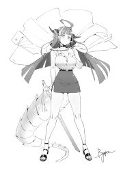 Rule 34 | 1girl, absurdres, ahoge, alternate costume, blunt bangs, blunt ends, bow, breasts, chen yang yang, choker, cleavage, closed mouth, coat, coat on shoulders, collarbone, commentary request, dragon girl, dragon horns, dragon tail, full body, greyscale, high heels, highres, holding, holding stick, hololive, horn bow, horn ornament, horns, kiryu coco, large breasts, long hair, long sleeves, looking at viewer, miniskirt, monochrome, multicolored hair, open clothes, open coat, pointy ears, shirt, sidelocks, signature, simple background, skirt, solo, standing, stick, streaked hair, striped, striped bow, tail, virtual youtuber, white background