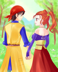 Rule 34 | 1boy, 1girl, artist request, bandana, bare shoulders, brown hair, couple, dragon quest, dragon quest viii, earrings, eye contact, from behind, holding hands, hero (dq8), hetero, jessica albert, jewelry, looking at another, road, spoilers, twintails