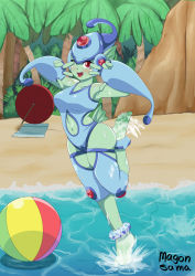 Rule 34 | 1girl, ball, beach, beachball, breasts, clothing cutout, digimon, double v, frog, frog girl, highres, jumping, looking at viewer, navel cutout, one-piece swimsuit, one eye closed, ranamon, red eyes, solo, swimsuit, v, wide hips, wink