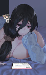 Rule 34 | 1girl, bare shoulders, bed sheet, black hair, blue sweater, breasts, cleavage, closed mouth, dark room, hair between eyes, hair over shoulder, large breasts, long hair, low tied hair, lying, mimyo, off shoulder, on stomach, original, ribbed sweater, scrunchie, sweater, tablet pc