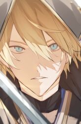 Rule 34 | 1boy, black kimono, black shirt, blonde hair, blue eyes, clenched teeth, close-up, double-parted bangs, gold trim, hair between eyes, highres, holostars, hood, hood up, japanese clothes, kimono, kishido temma, looking at viewer, male focus, official alternate costume, parted lips, portrait, serious, shirt, short hair, solo, sword, teeth, virtual youtuber, weapon, xmayo0x