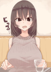 Rule 34 | 1girl, @ @, absurdres, bare shoulders, blush, bob cut, breasts, brown eyes, brown hair, couch, drooling, glass, grey sweater, highres, huge breasts, looking at viewer, medium hair, mouth drool, open mouth, original, pov across table, ribbed sweater, rucchiifu, sitting, sleeveless, sleeveless sweater, solo, sweat, sweater, upper body