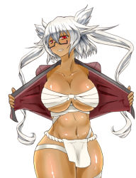 Rule 34 | 10s, 1girl, breasts, cleavage, dark-skinned female, dark skin, fundoshi, glasses, happi, japanese clothes, kantai collection, large breasts, long hair, musashi (kancolle), open mouth, peanuts (mu1987), red eyes, sarashi, solo, white hair